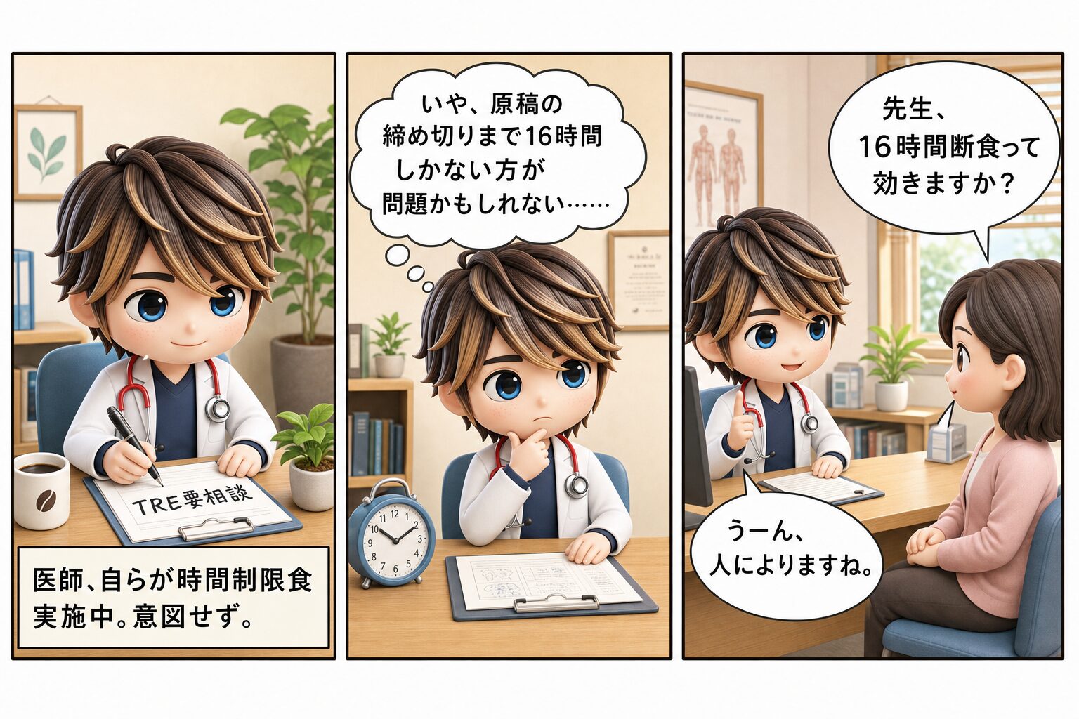 3コマ漫画：16時間断食、TRE要相談、原稿締切16時間