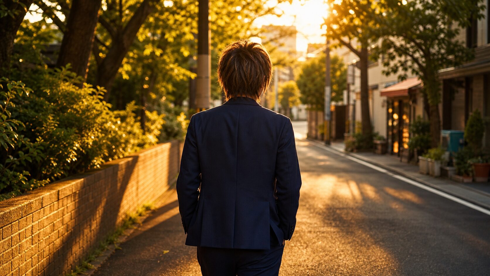 夕暮れの並木道を歩く後ろ姿。スマホはポケットの中