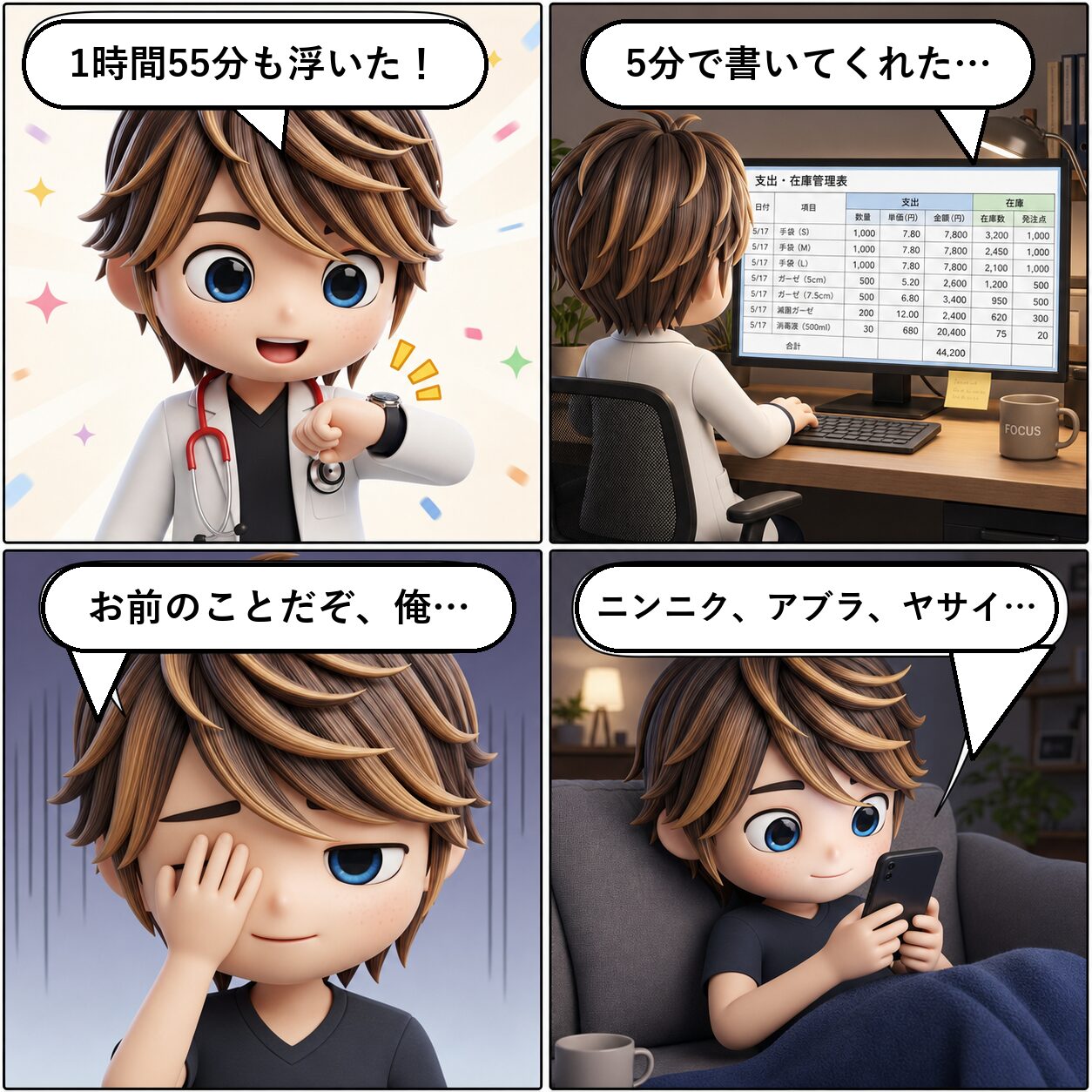 4コマ漫画：5分で書いてくれた → 1時間55分も浮いた！ → ニンニク・アブラ・ヤサイ → お前のことだぞ、俺