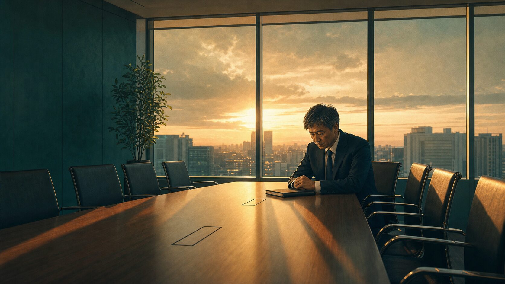 夕方の会議室、空いた席と窓越しの夕日