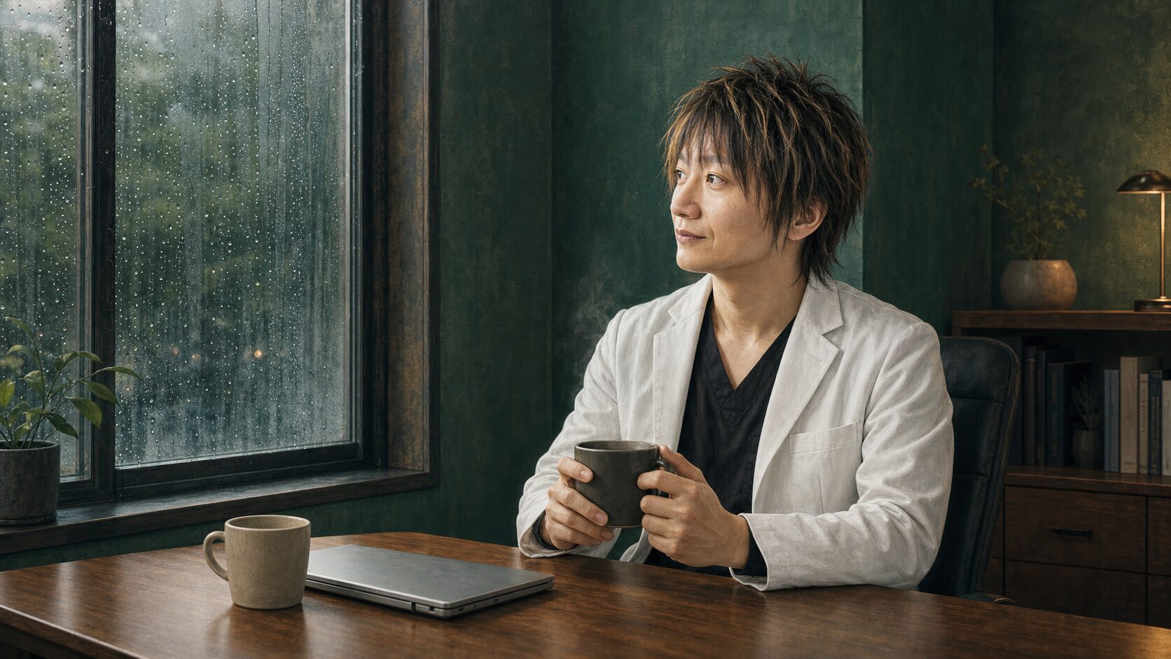 アイキャッチ：梅雨の朝、診察前のコーヒーと窓辺の医師