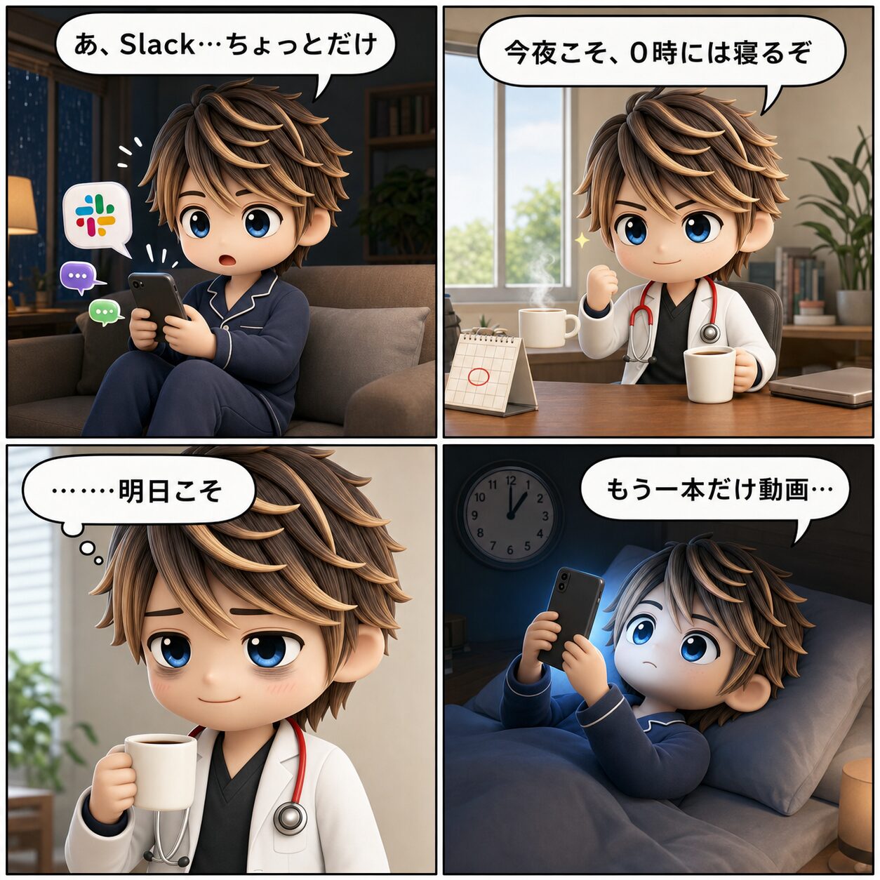 4コマ漫画：今夜こそ０時に寝るぞ → Slack…ちょっとだけ → もう一本だけ動画… → ……明日こそ