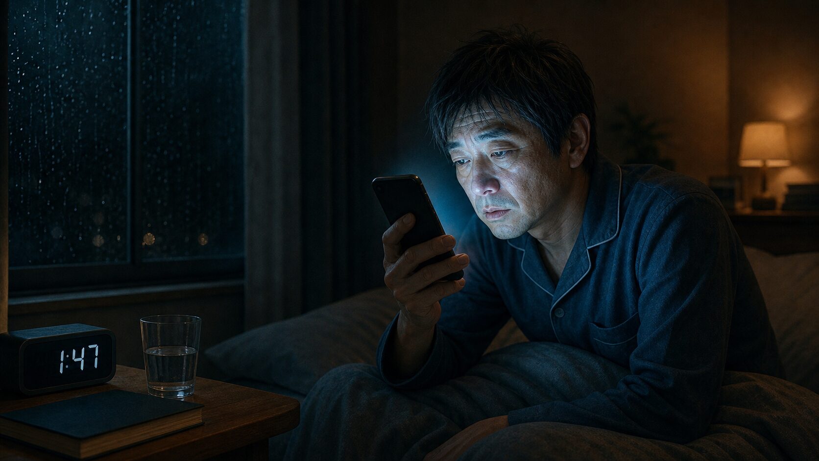 深夜のベッドでスマホを見続ける働き盛りの男性