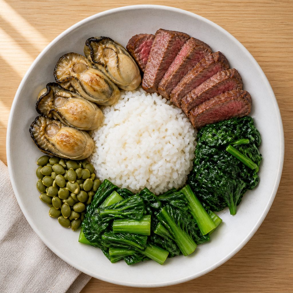 テストステロン強化・亜鉛フルランチ（加熱牡蠣・牛ステーキ・ほうれん草・小松菜・かぼちゃの種・ごはん）