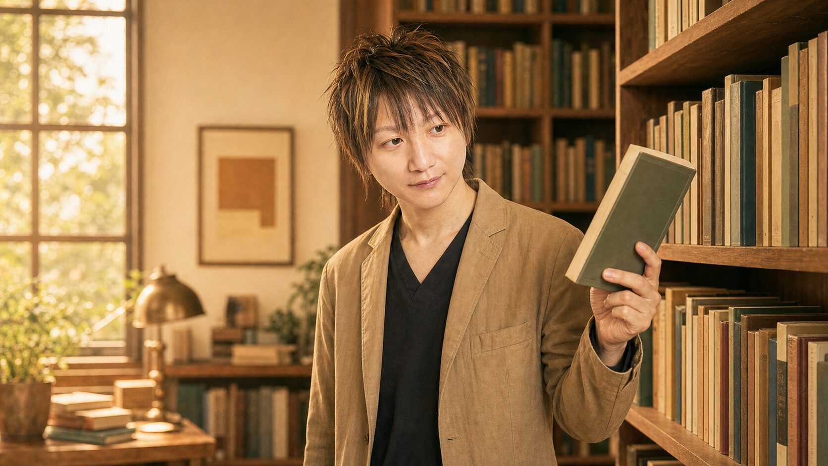週末の書店、本棚の前で一冊を手に取る休日の医師