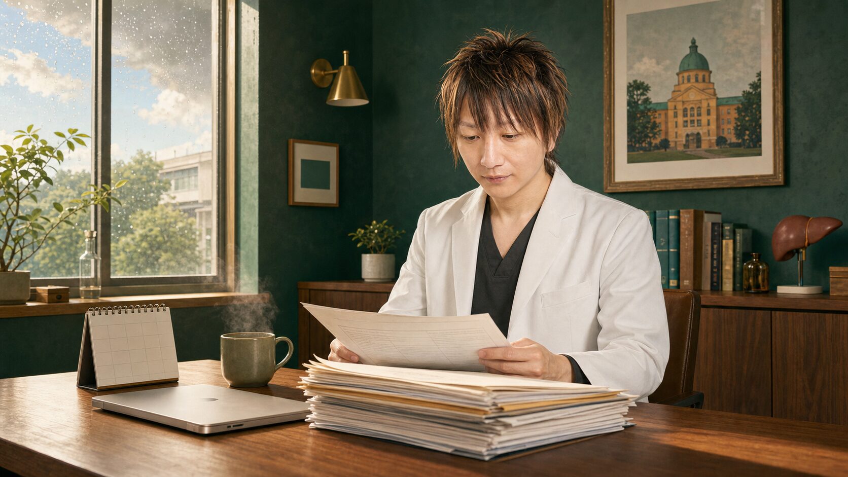アイキャッチ：6月の診察室、紙カルテの山とコーヒーと窓辺の医師