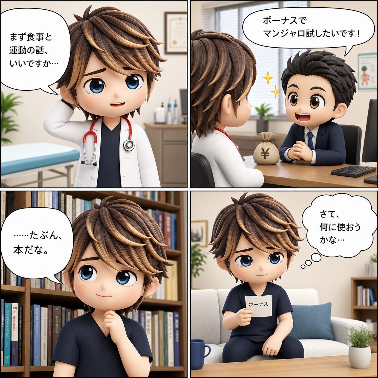 4コマ漫画：ボーナスでマンジャロ試したい患者 → まず食事と運動の話、と返す医師 → 自宅でボーナスの使い道を考える → ……たぶん、本だな
