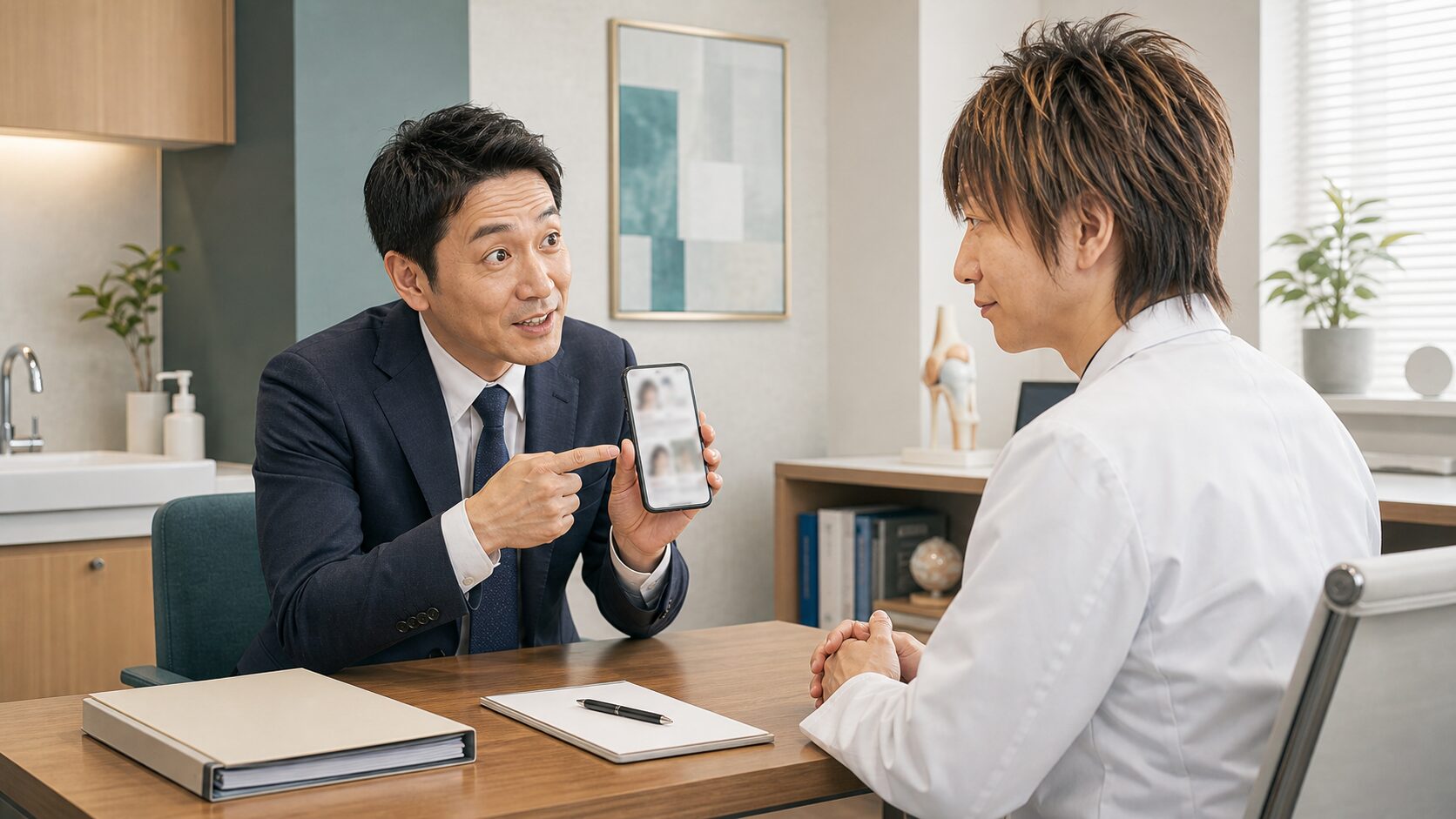 診察室で患者がスマホの健康情報を見せ、医師が静かに聞いている