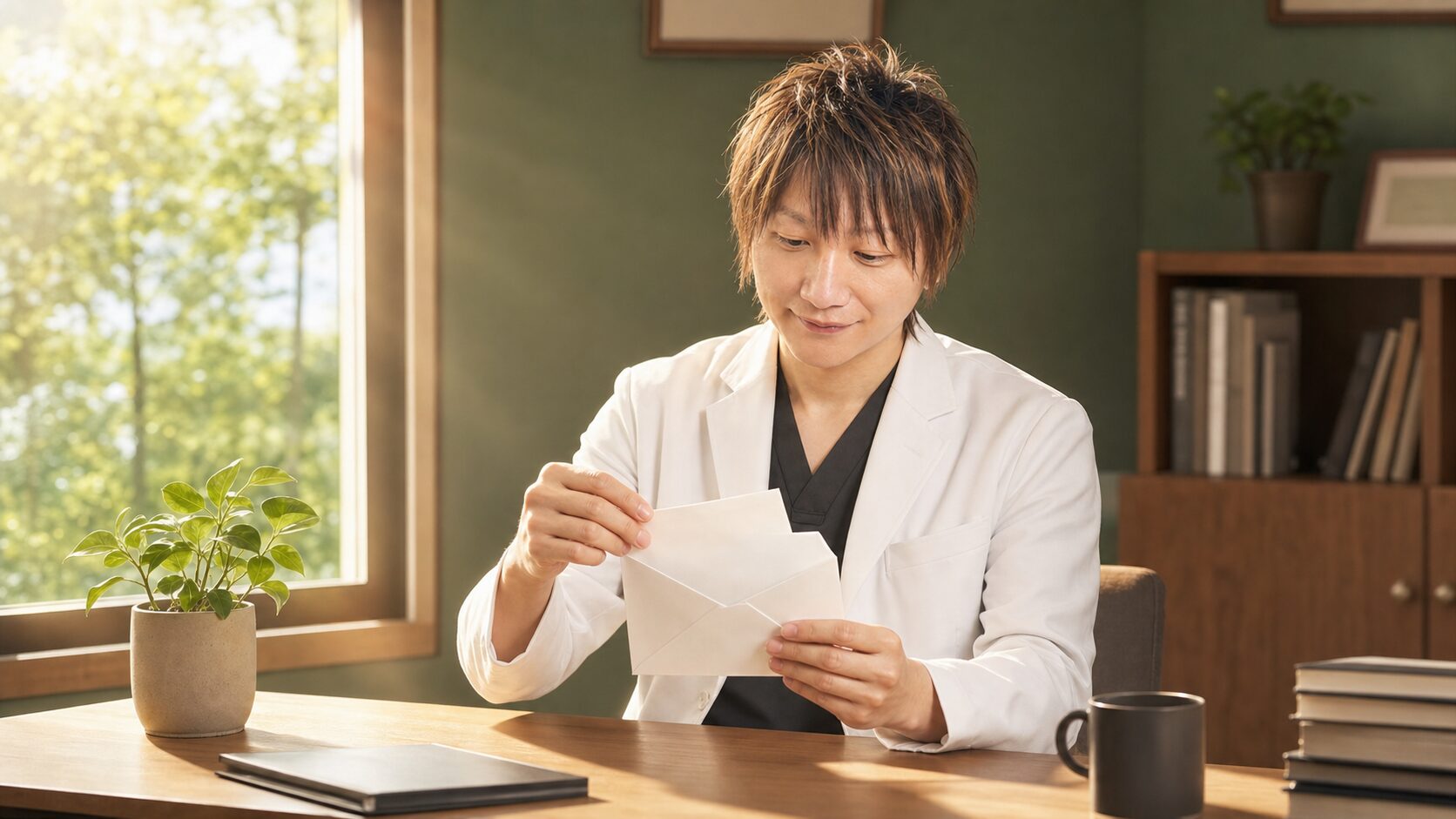 夏の午後光の中、ようやく封筒を一通開けて中を読む医師