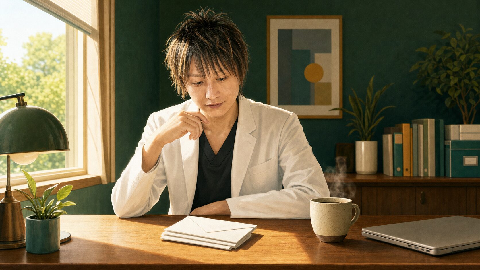 アイキャッチ：夏至の朝、机の上の未開封の健診封筒を見つめる医師
