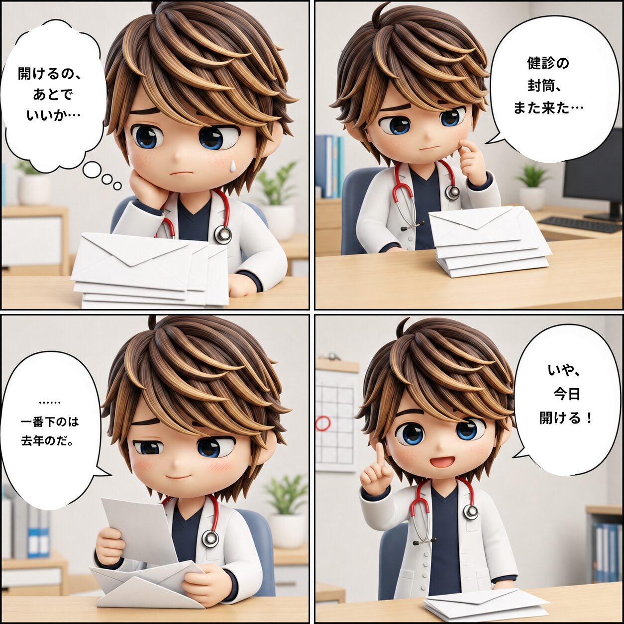 4コマ漫画：健診の封筒また来た → 開けるのあとで… → いや、今日開ける！ → ……一番下のは去年のだ