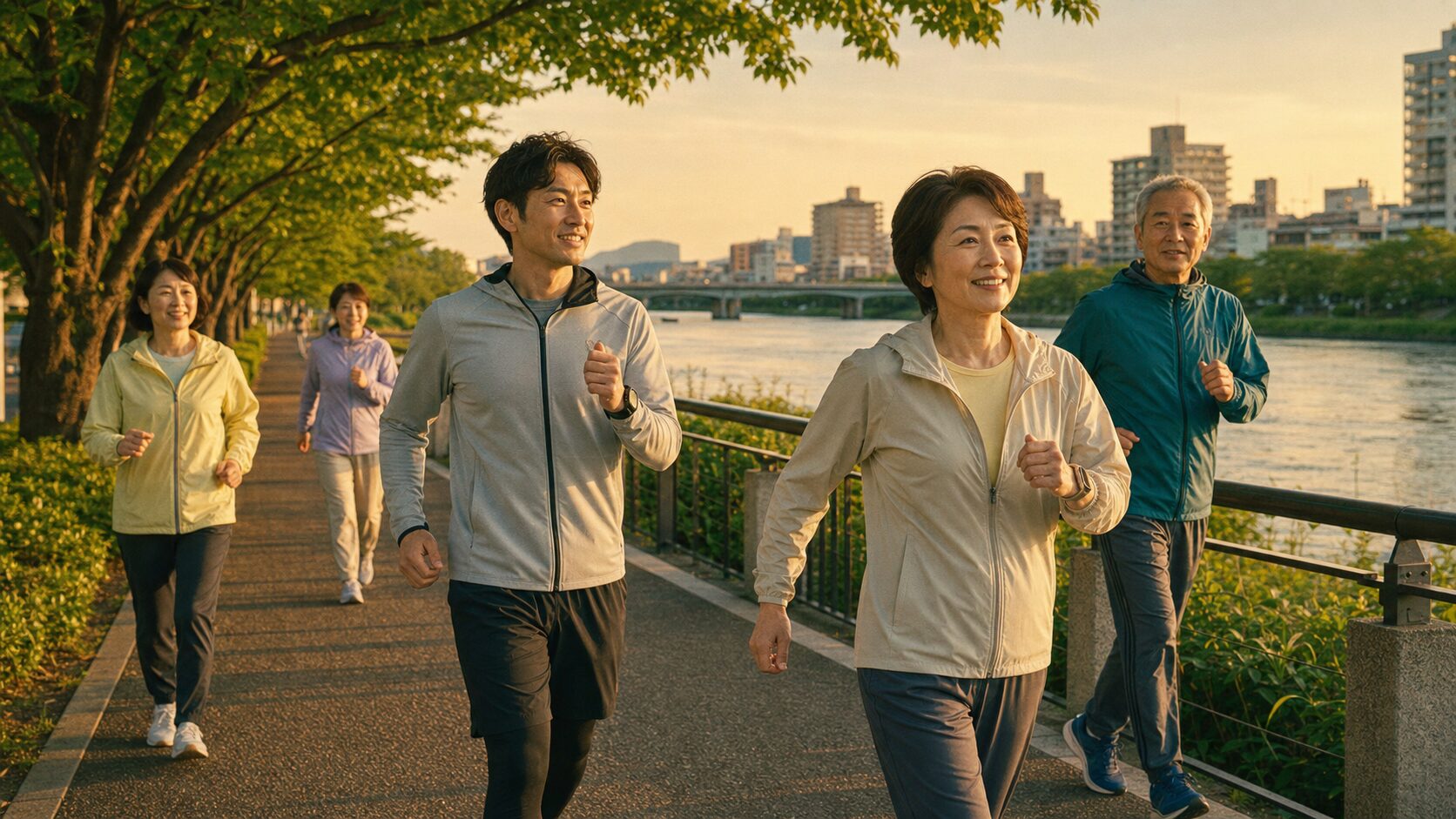 夕方の川沿いを、さまざまな年代の市民がインターバル速歩している