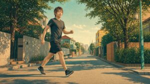 アイキャッチ：朝の住宅街を速歩する細身の男性