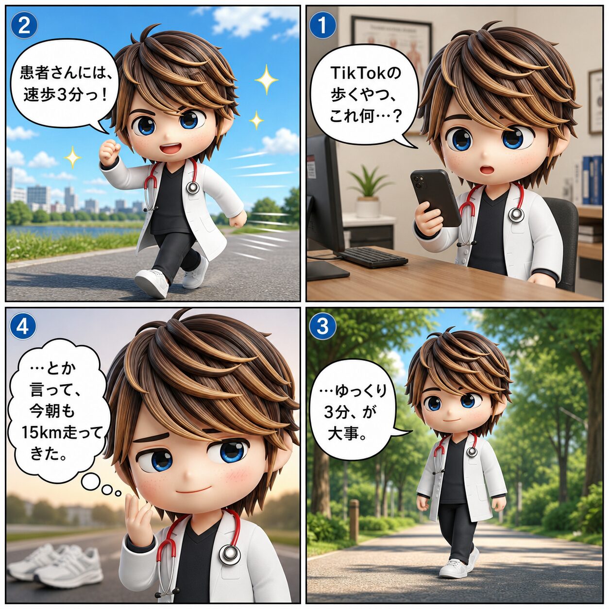 4コマ漫画：TikTokの歩くやつ何 → 患者さんには速歩3分っ → ゆっくり3分が大事 → とか言って今朝も15km走ってきた