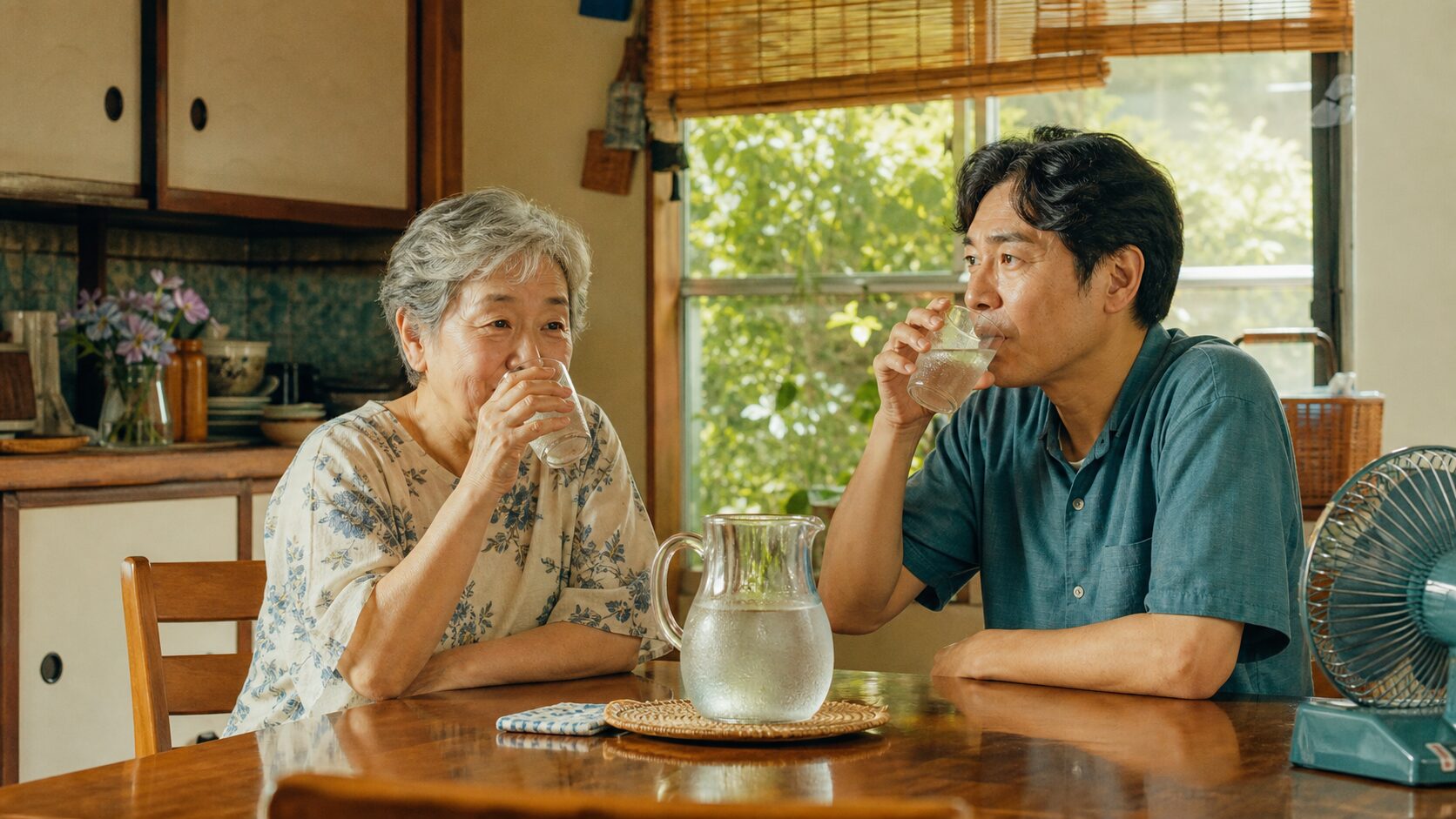 夏の食卓で、水と麦茶を飲む高齢の女性と家族