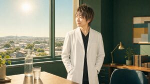 アイキャッチ：真夏の窓辺、机に水のボトルを置いた診察室の医師