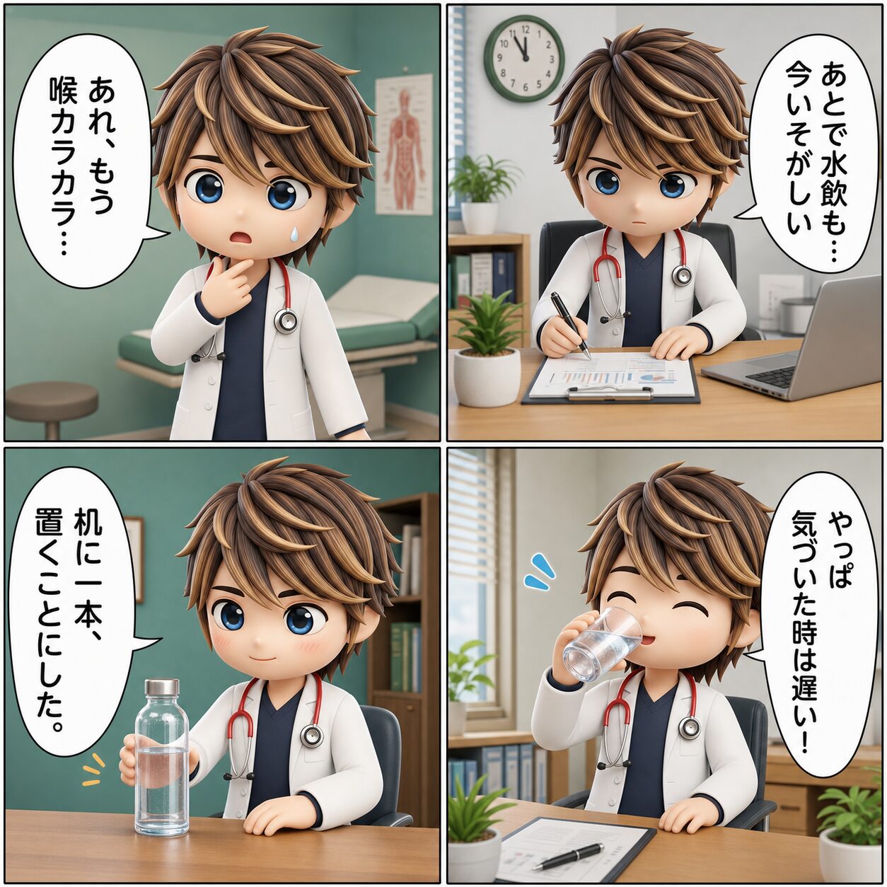 4コマ漫画：あとで水飲も今いそがしい → あれもう喉カラカラ → やっぱ気づいた時は遅い → 机に一本置くことにした