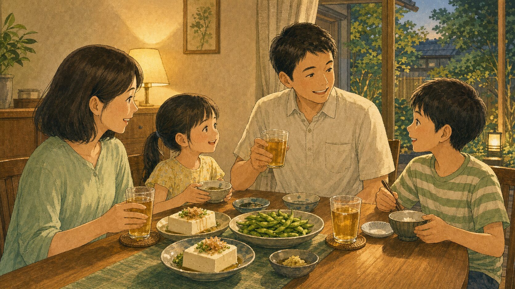 夏の夕食の食卓。冷奴と枝豆と麦茶を囲む家族