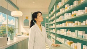 アイキャッチ：薬局の棚に並ぶ薬と、それを見上げる白衣の薬剤師