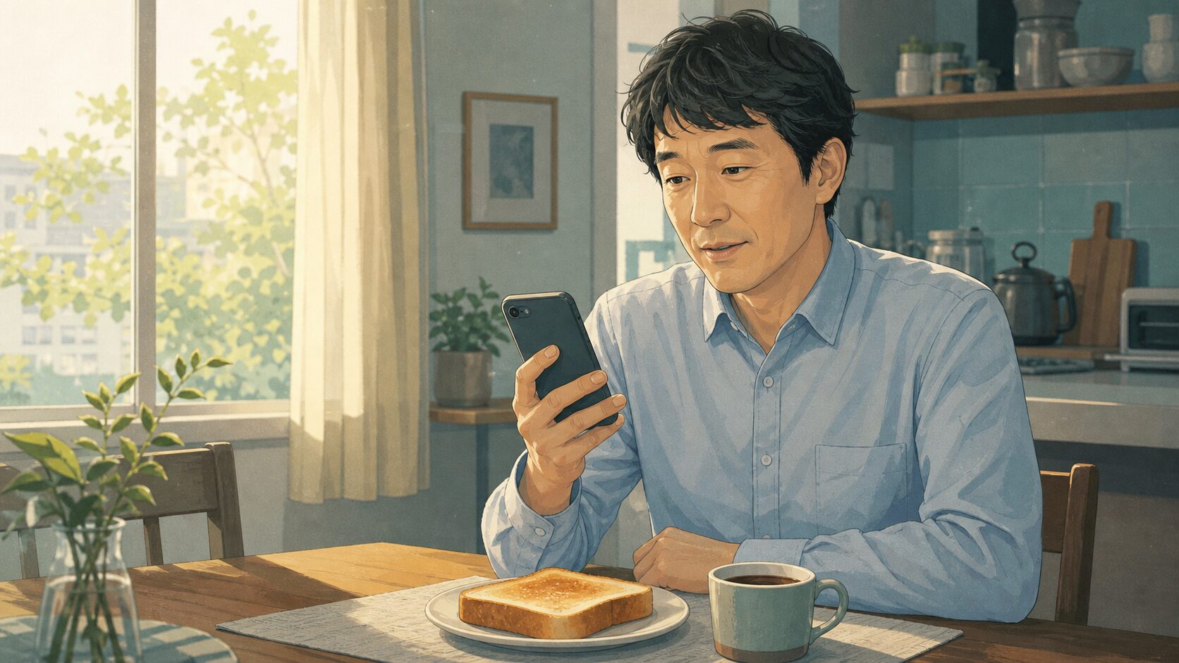 スマホでニュースを見ながら朝食のテーブルにつく働き盛りの男性