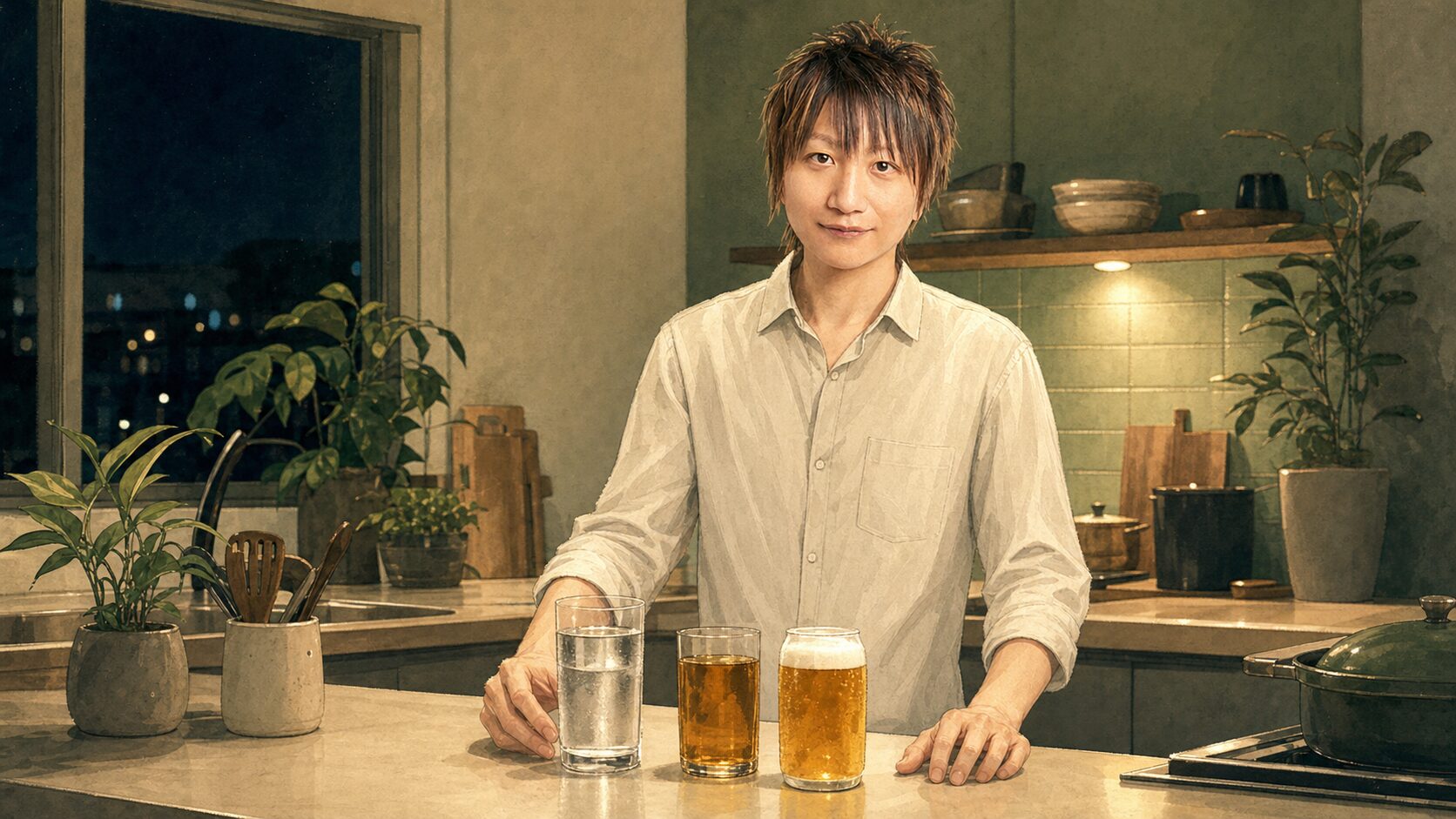 夜のキッチンで、ビールの横に水のグラスを並べる男性