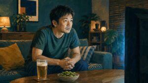 アイキャッチ：深夜のリビングでサッカー観戦する男性、テーブルにビールと枝豆
