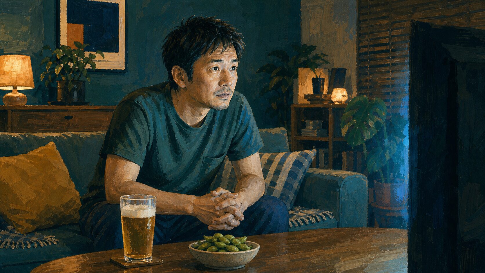 アイキャッチ：深夜のリビングでサッカー観戦する男性、テーブルにビールと枝豆