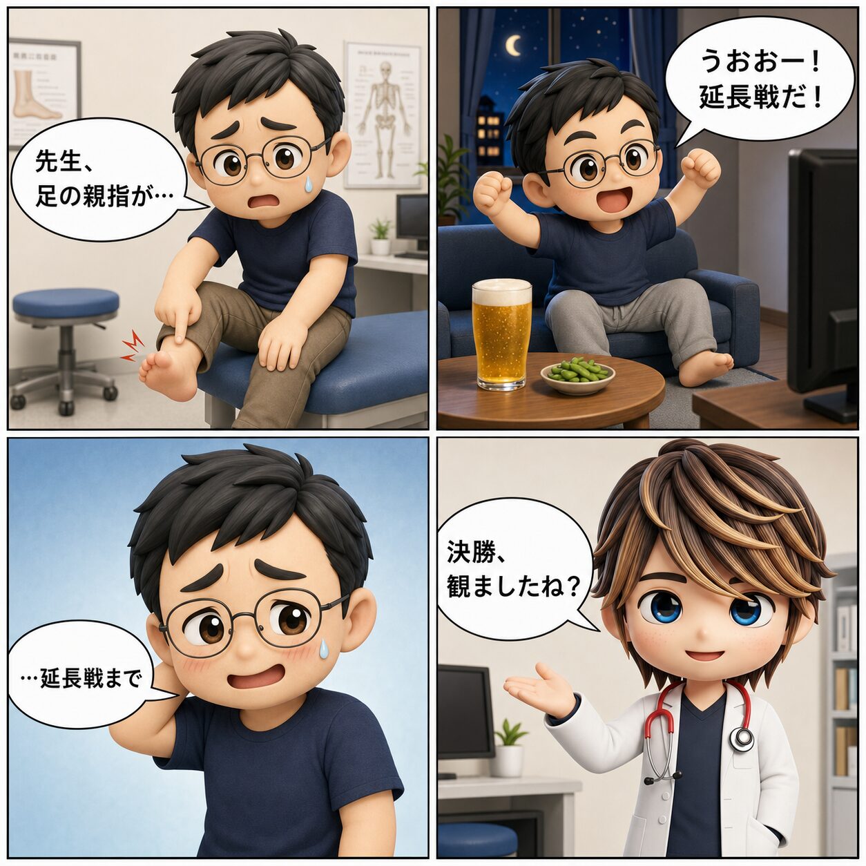 4コマ漫画：決勝観戦で乾杯→数日後の外来で「先生、足の親指が」→「決勝、観ましたね？」→「延長戦まで」