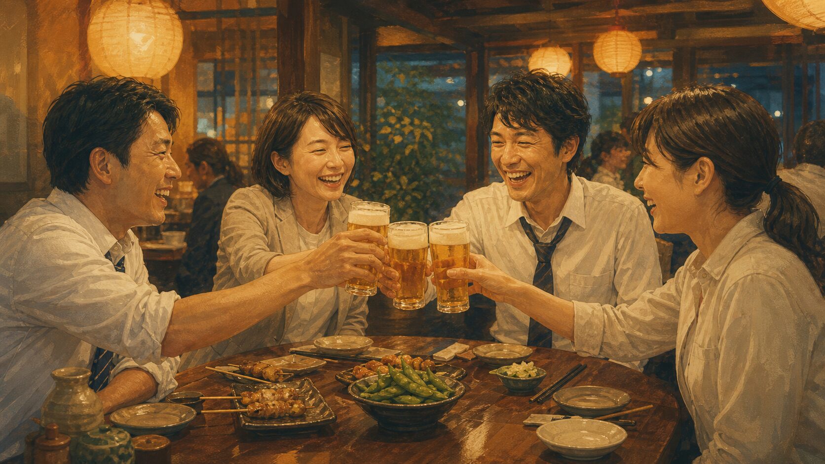 居酒屋で乾杯するビジネスパーソンたち、夏の夕方