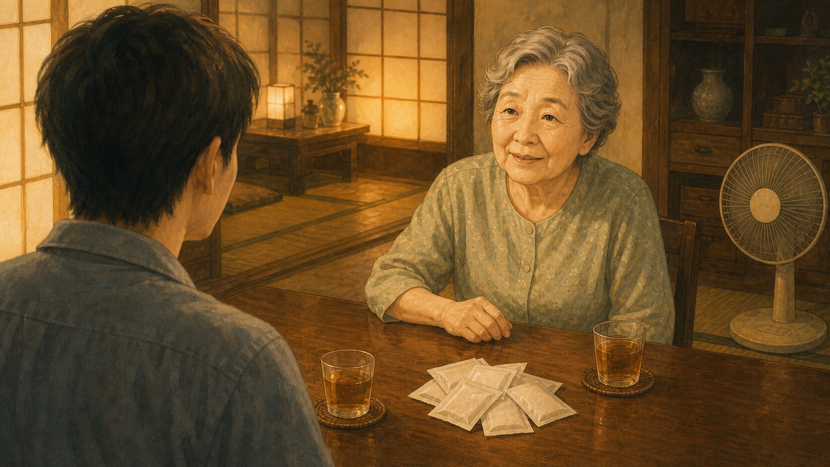 夕方の実家の食卓。母と息子が向かい合い、まとめられた薬の袋と麦茶が置かれている