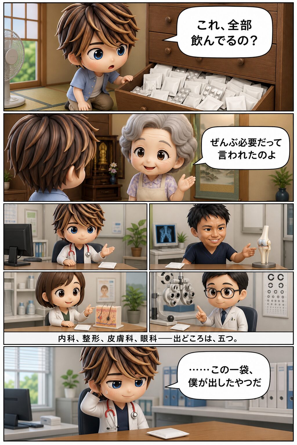 4コマ漫画（縦・上から下へ）：①引き出しを開けて驚く息子「これ、全部飲んでるの？」②母「ぜんぶ必要だって言われたのよ」③引き出しの中身「内科、整形、皮膚科、眼科——出どころは、五つ。」④診察室で気づく「この一袋、僕が出したやつだ」