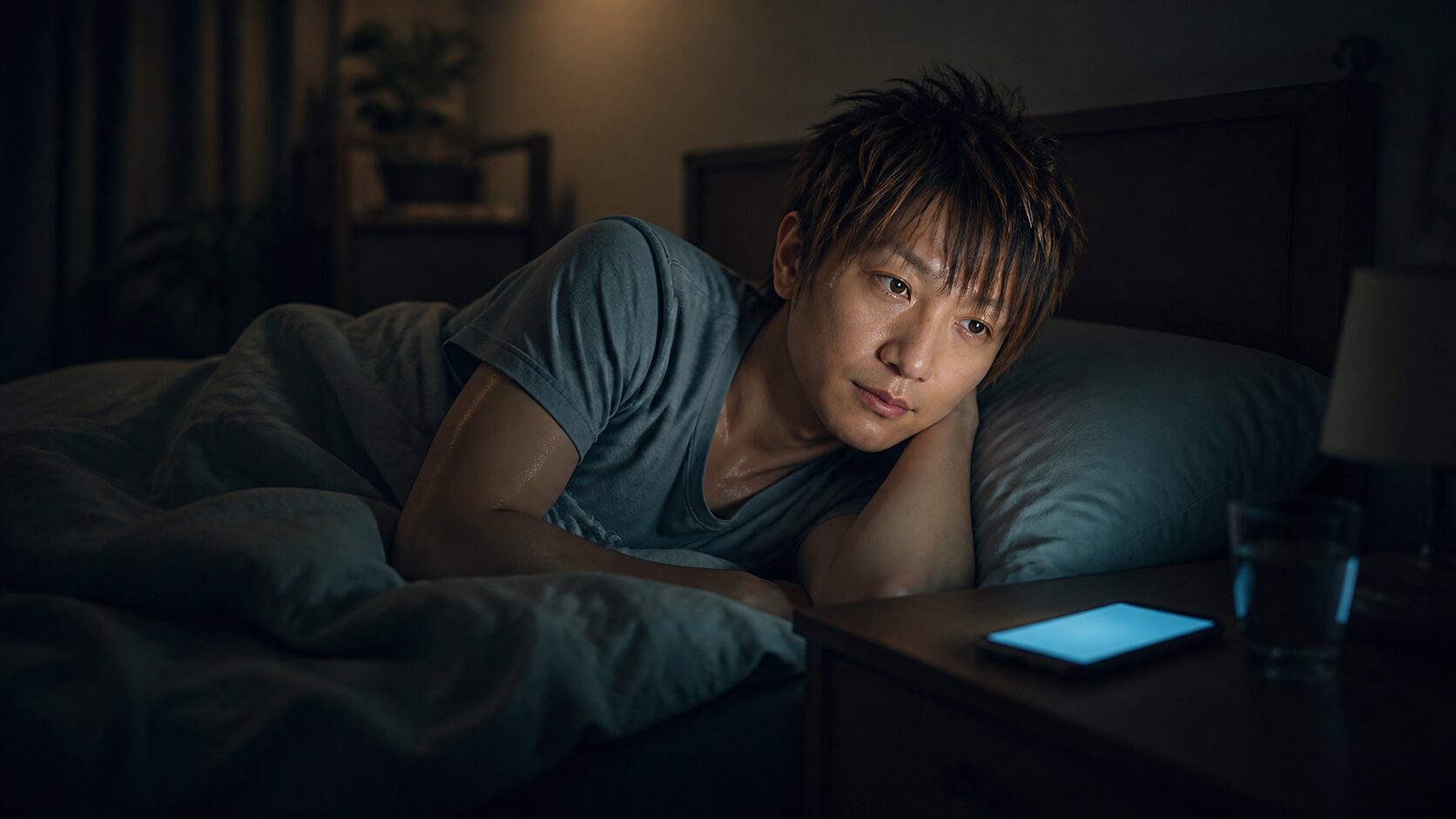 アイキャッチ：熱帯夜の午前3時、枕元のスマホの青い光に照らされて目を開けている医師