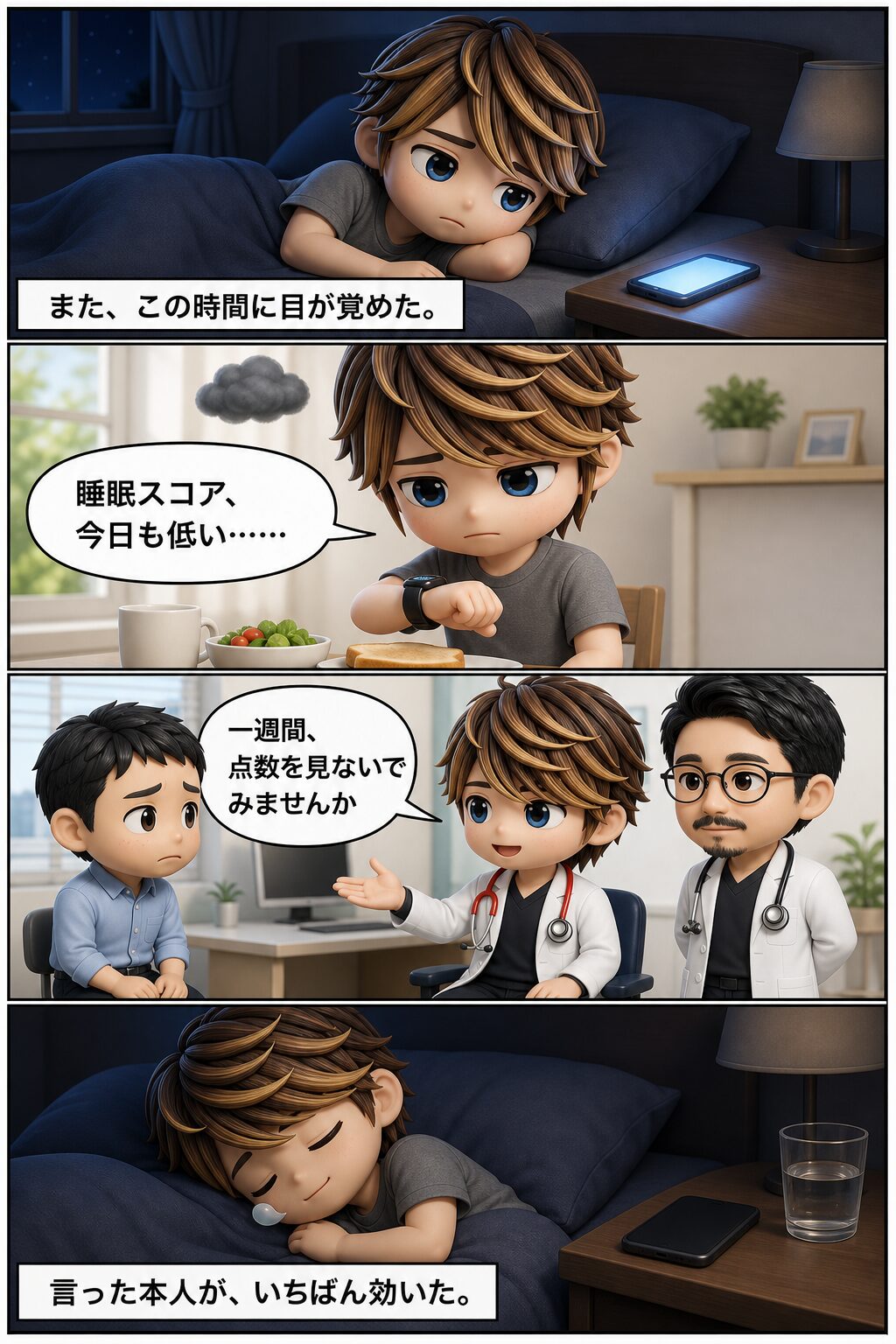 4コマ漫画（縦・上から下へ）：①夜中に目が覚めた医師「また、この時間に目が覚めた。」②朝、睡眠スコアに落ち込む「睡眠スコア、今日も低い……」③診察室で患者に助言、隣に同僚医師「1週間、点数を見ないでみませんか」④自分が実践して眠る「言った本人が、いちばん効いた。」