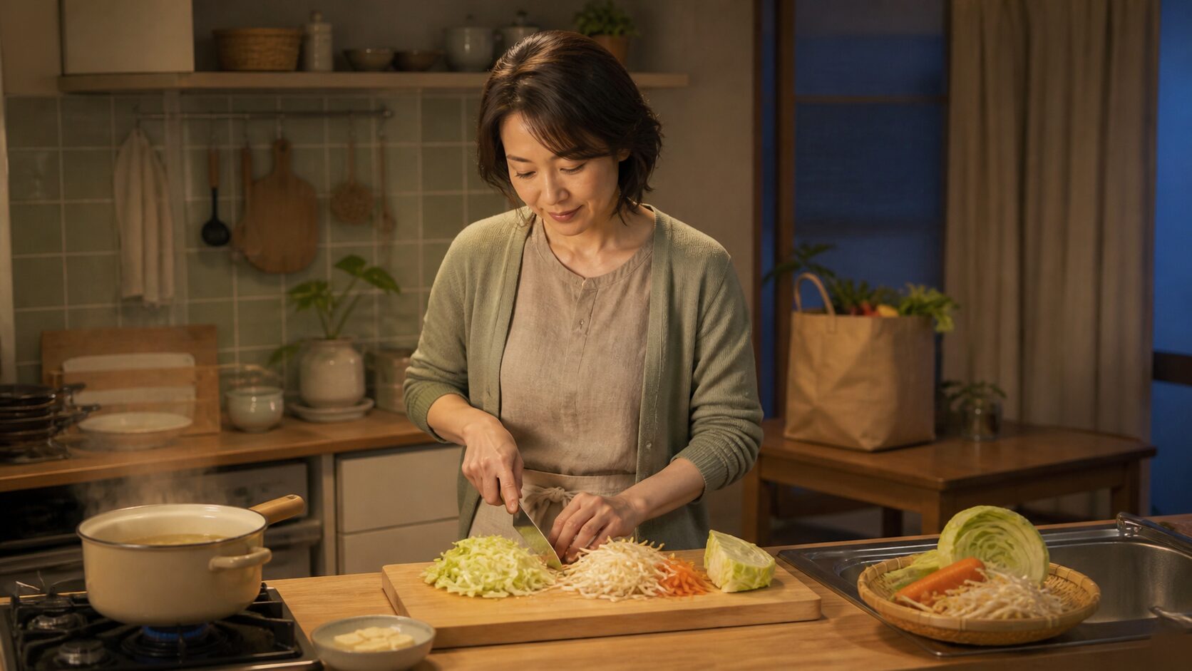 夕方の台所。安い野菜を刻んで夕食を用意する女性