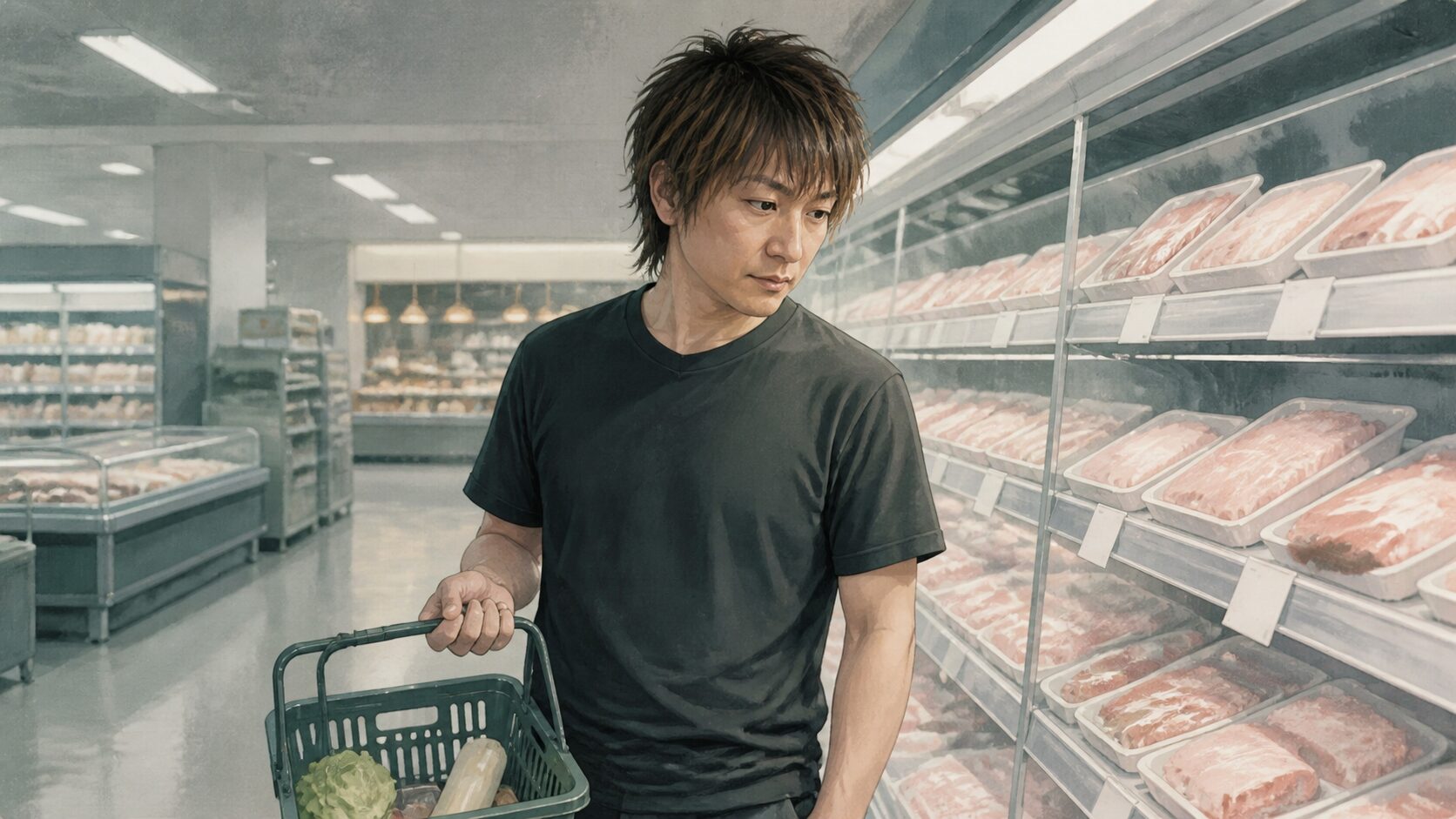 アイキャッチ：夜のスーパー、精肉棚の前で値札を見ている私服の医師