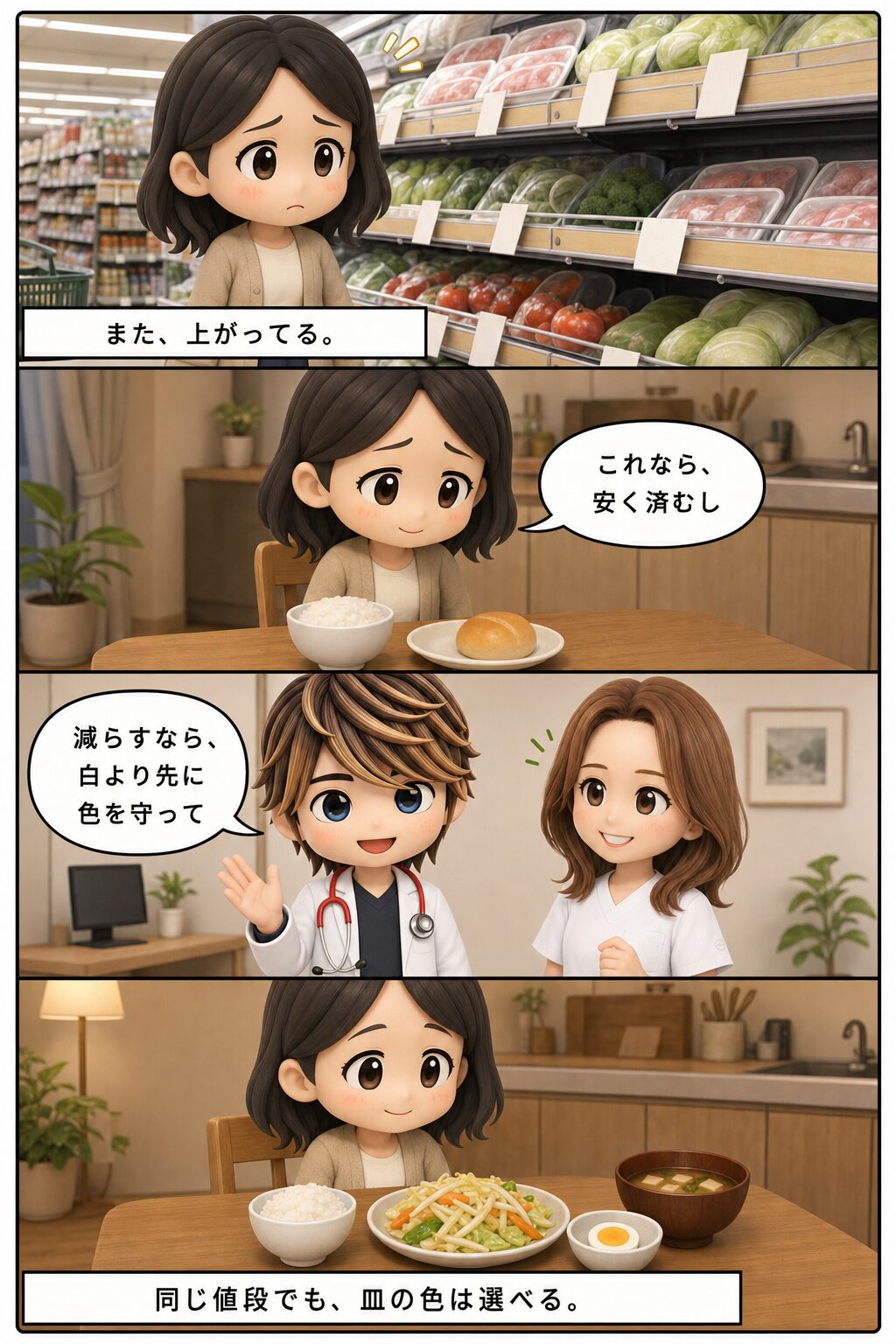 4コマ漫画（縦・上から下へ）：①スーパーで値札を見て「また、上がってる。」②白米とパンだけの皿「これなら、安く済むし」③医師と歯科医師が並んで「減らすなら、白より先に色を守って」④色の増えた食卓「同じ値段でも、皿の色は選べる。」