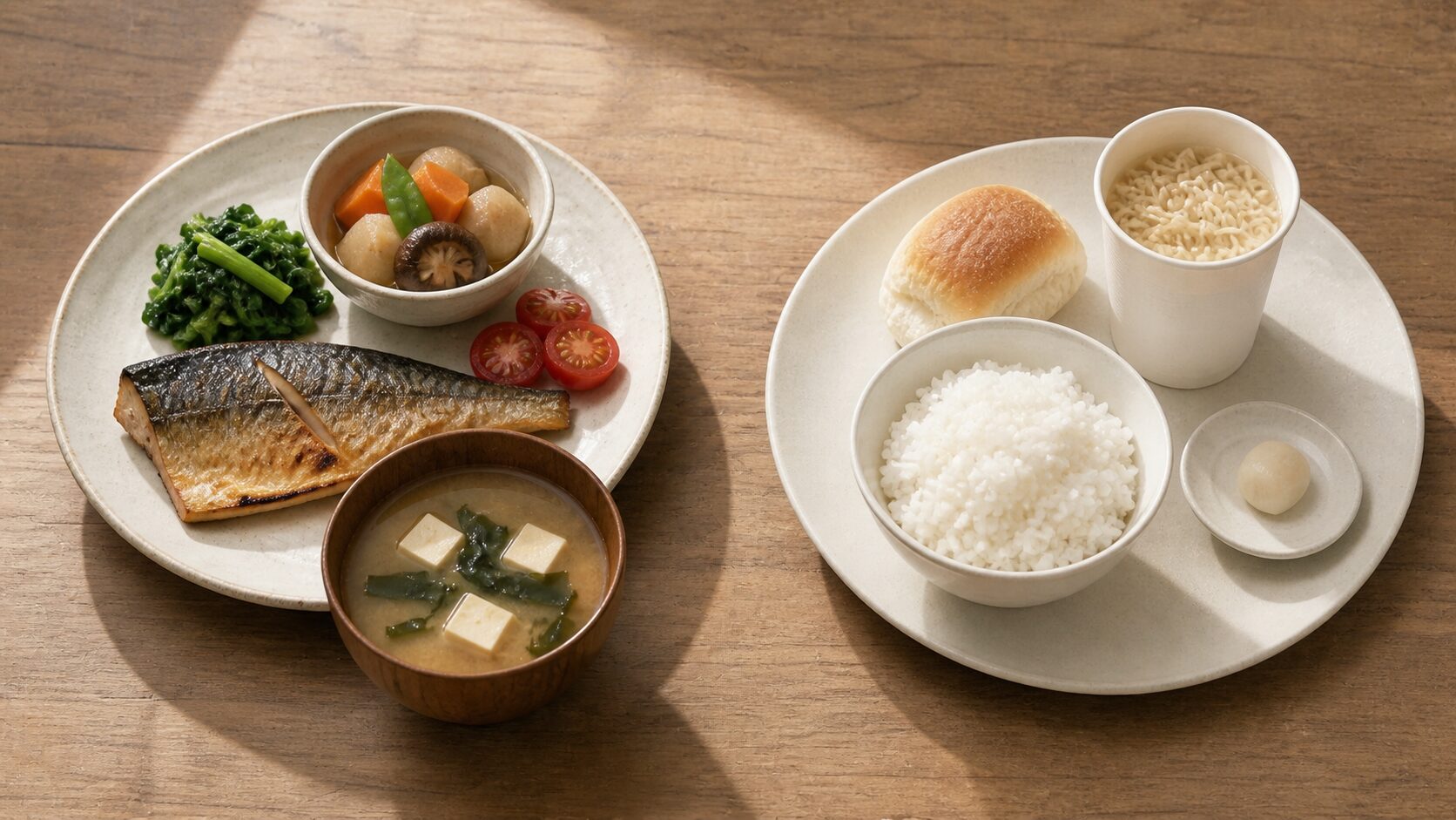 色のある皿と、白い皿。同じ量なのに中身の色が違う二つの食卓