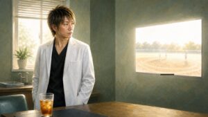 アイキャッチ：午後の診察室。窓辺で、炎天下の試合が映るテレビを複雑な表情で見る医師