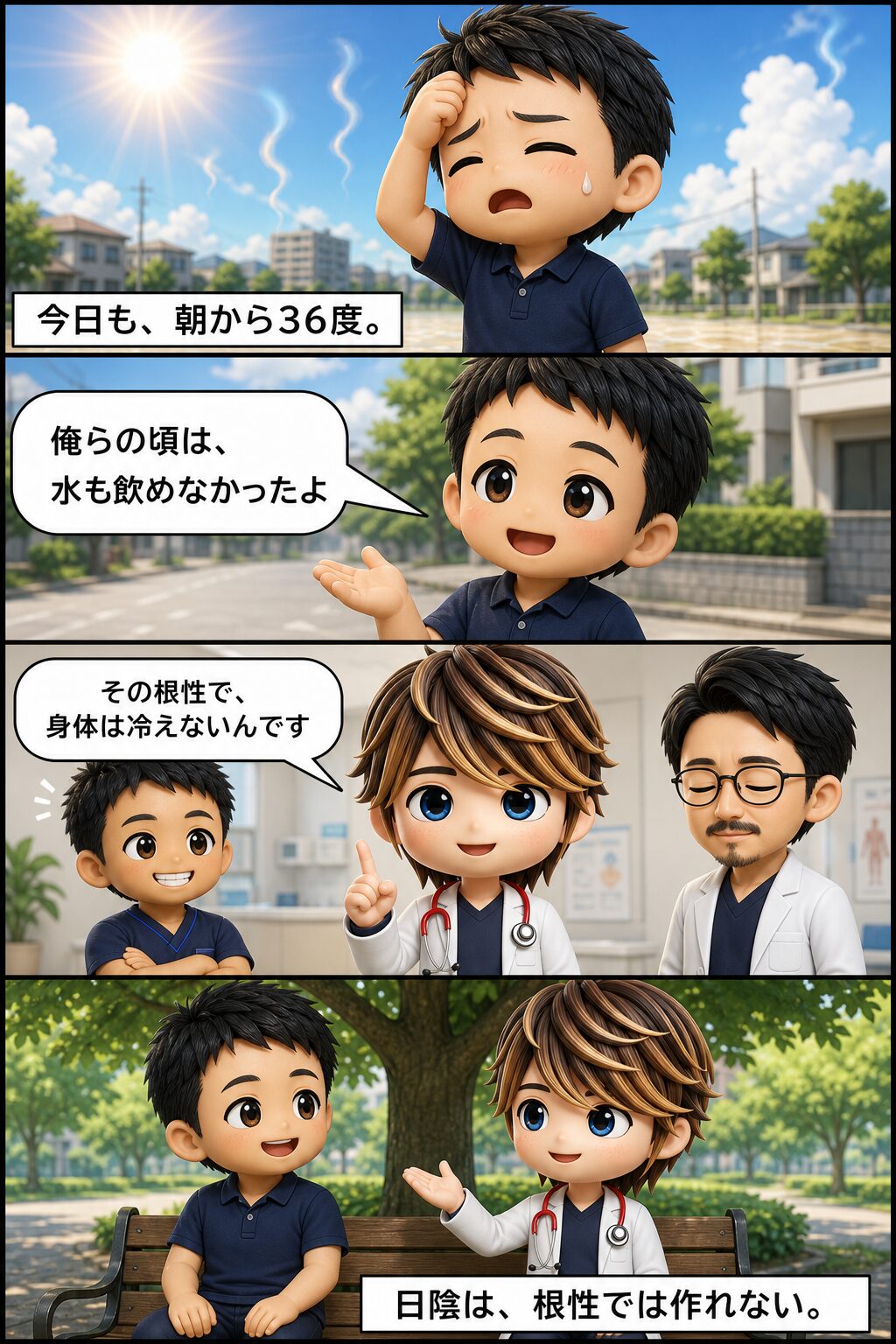 4コマ漫画（縦・上から下へ）：①炎天下で汗を拭く父親「今日も、朝から36度。」②父「俺らの頃は、水も飲めなかったよ」③医師3人が並び「その根性で、身体は冷えないんです」④木陰のベンチで「日陰は、根性では作れない。」