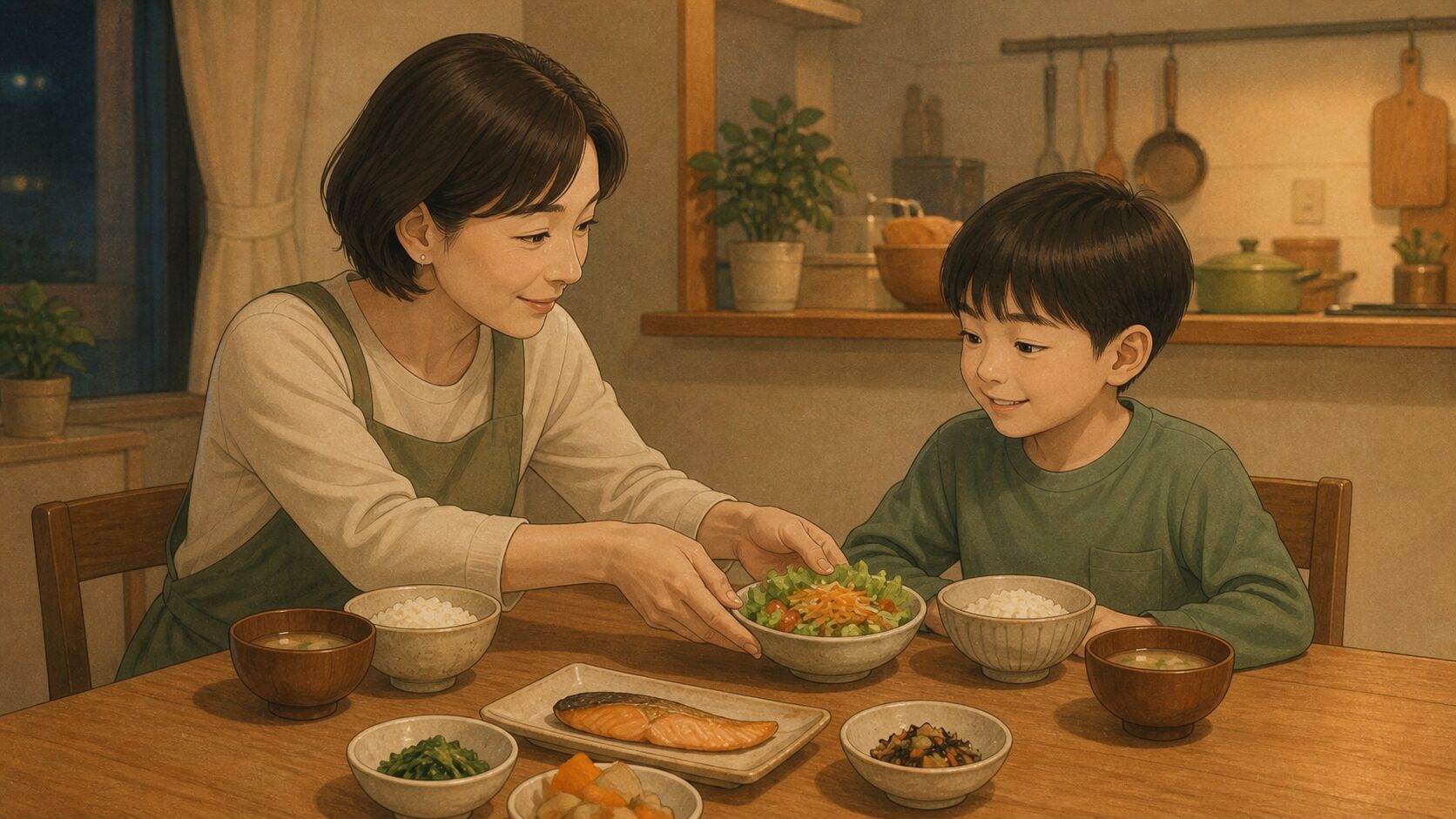 夕方の家庭の食卓。母親が子どもへサラダの小鉢をそっと差し出す