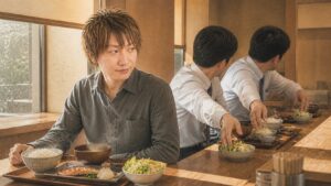 アイキャッチ：昼どきの定食屋。隣席の二人が同時にサラダの小鉢へ箸を伸ばすのを眺める筆者