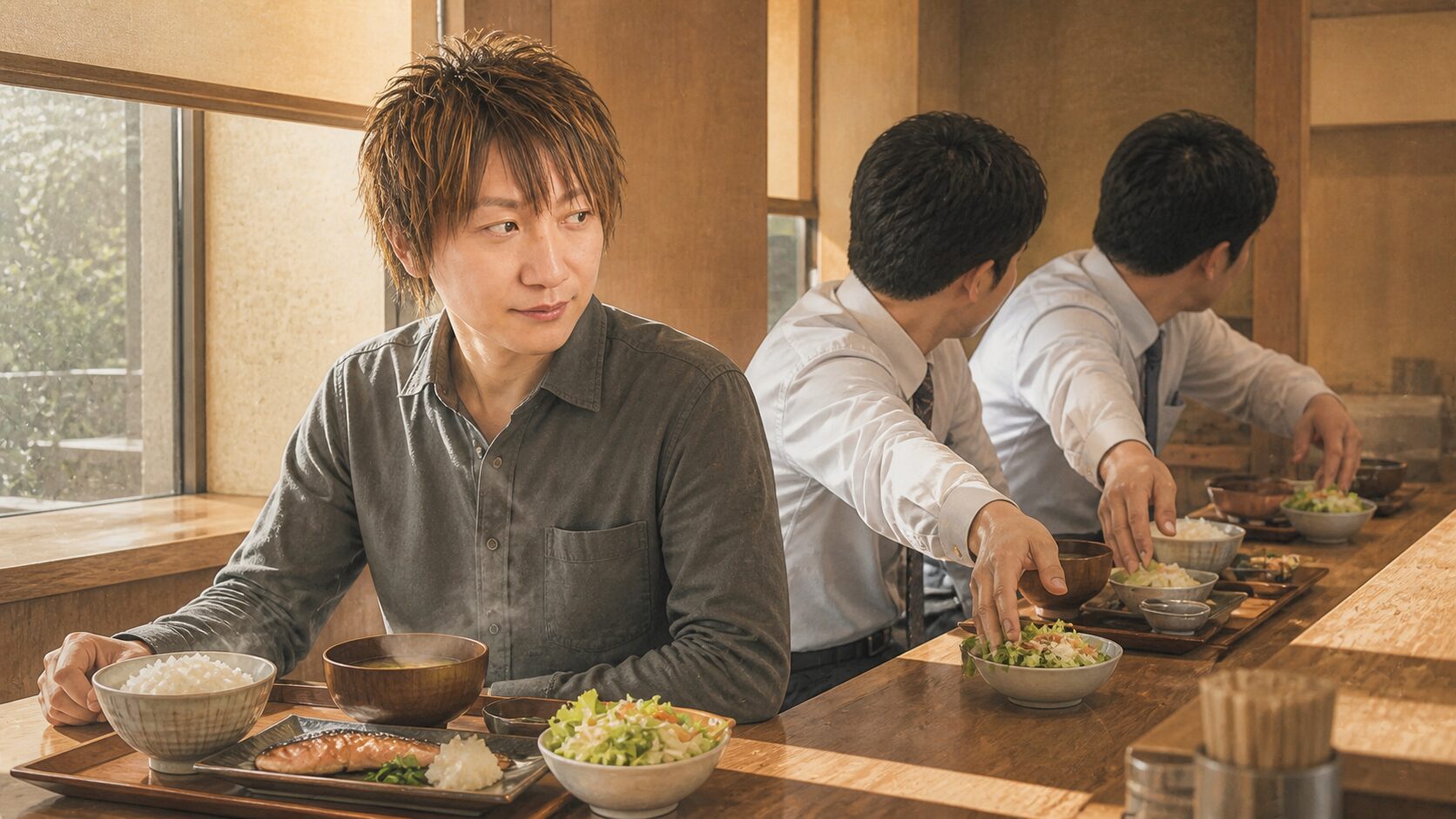 アイキャッチ：昼どきの定食屋。隣席の二人が同時にサラダの小鉢へ箸を伸ばすのを眺める筆者