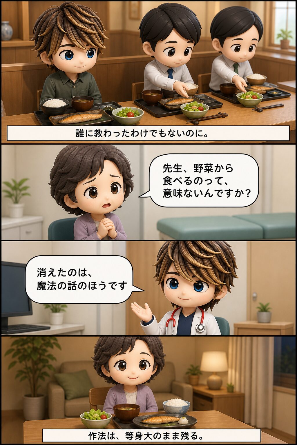 4コマ漫画（縦・上から下へ）：①定食屋で「誰に教わったわけでもないのに。」②患者「先生、野菜から食べるのって、意味ないんですか？」③医師「消えたのは、魔法の話のほうです」④家の食卓で小鉢が手前「作法は、等身大のまま残る。」