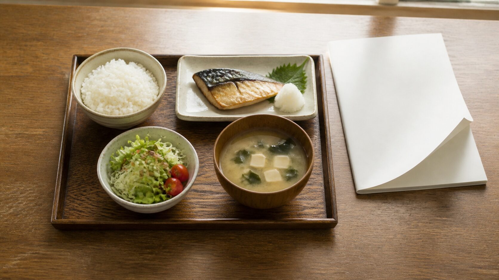 定食のトレー。小鉢と味噌汁が手前、ごはんと主菜が奥。かたわらに無地の白い文書