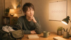 アイキャッチ：連休前夜。旅支度の鞄とピルケースを机に置き、赤丸のついた壁のカレンダーを眺める筆者
