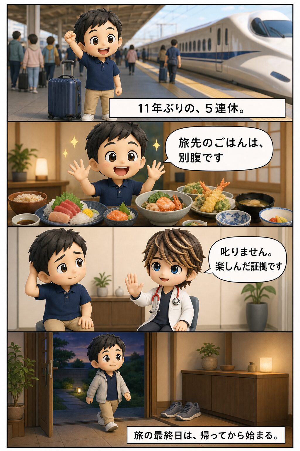 4コマ漫画（縦・上から下へ）：①駅のホームで「11年ぶりの、5連休。」②旅先のごちそうを前に「旅先のごはんは、別腹です」③診察室で医師「叱りません。楽しんだ証拠です」④玄関で歩きに出る「旅の最終日は、帰ってから始まる。」