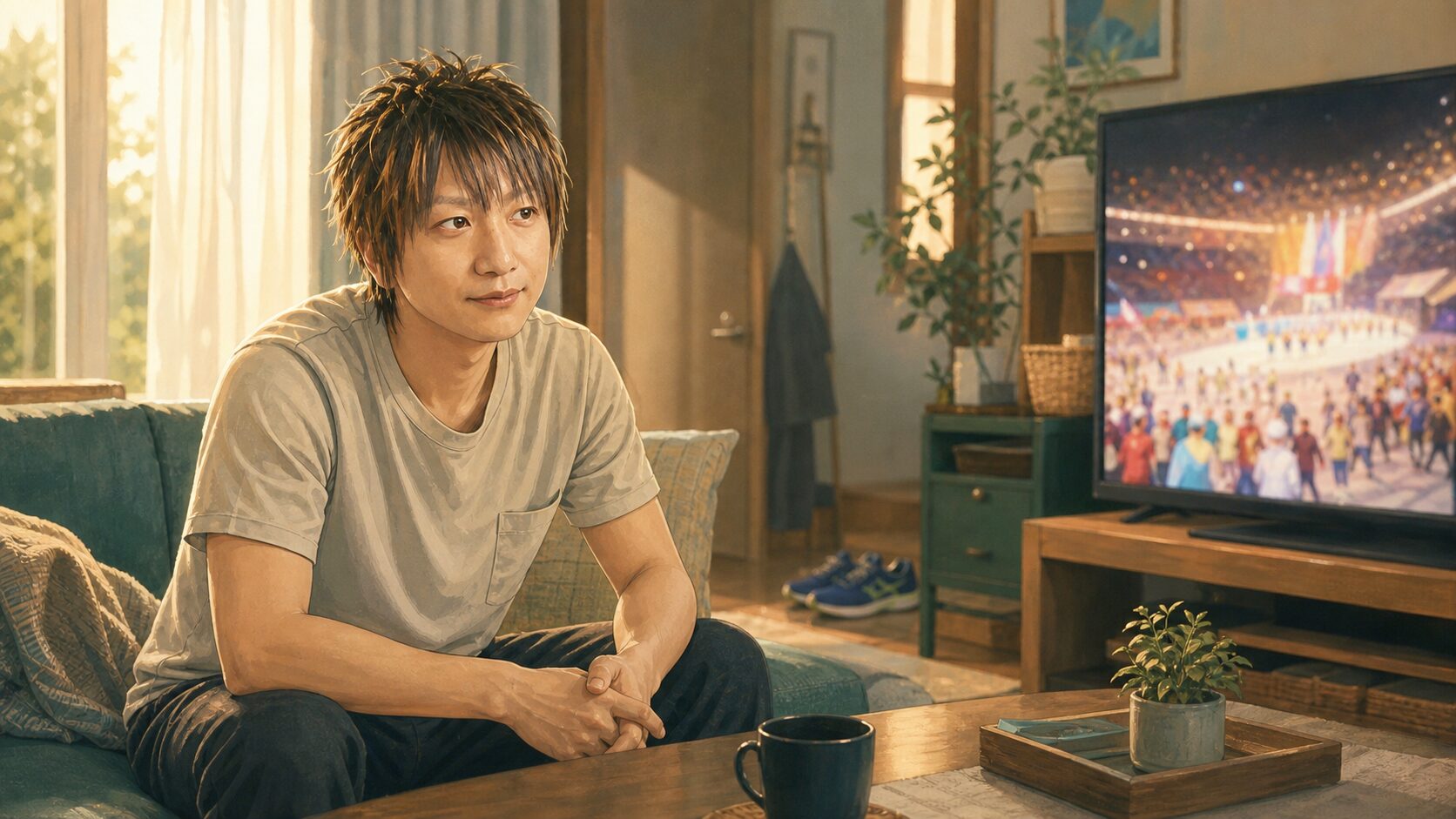 アイキャッチ：開会式翌朝のリビング。ぼんやり光るテレビの前でマグを手にする筆者