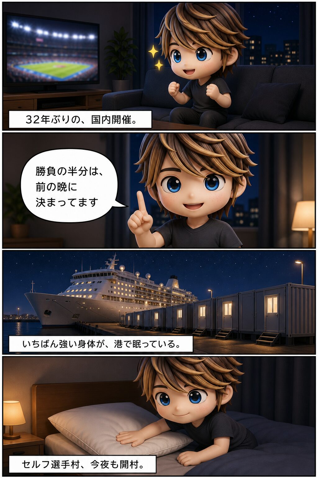 4コマ漫画（縦・上から下へ）：①開会式をテレビで観る「32年ぶりの、国内開催。」②「勝負の半分は、前の晩に決まってます」③夜の港の船とコンテナ「いちばん強い身体が、港で眠っている。」④枕を整えて「セルフ選手村、今夜も開村。」