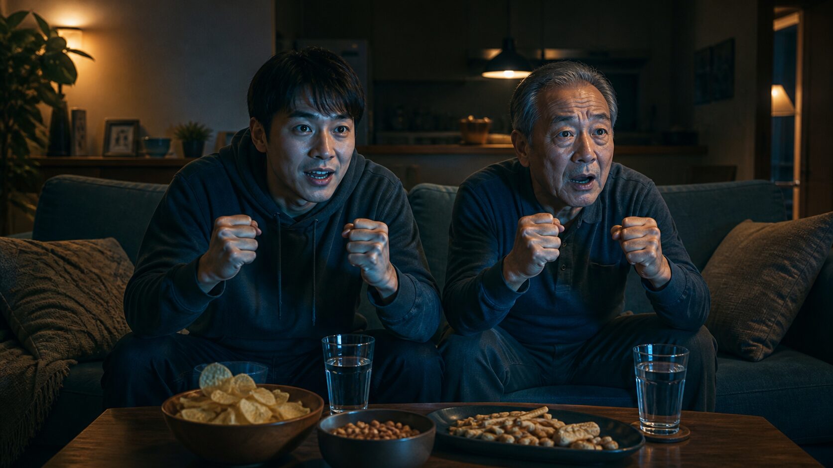 夜のリビング。テレビの光に照らされて観戦する親子、テーブルには水のグラス