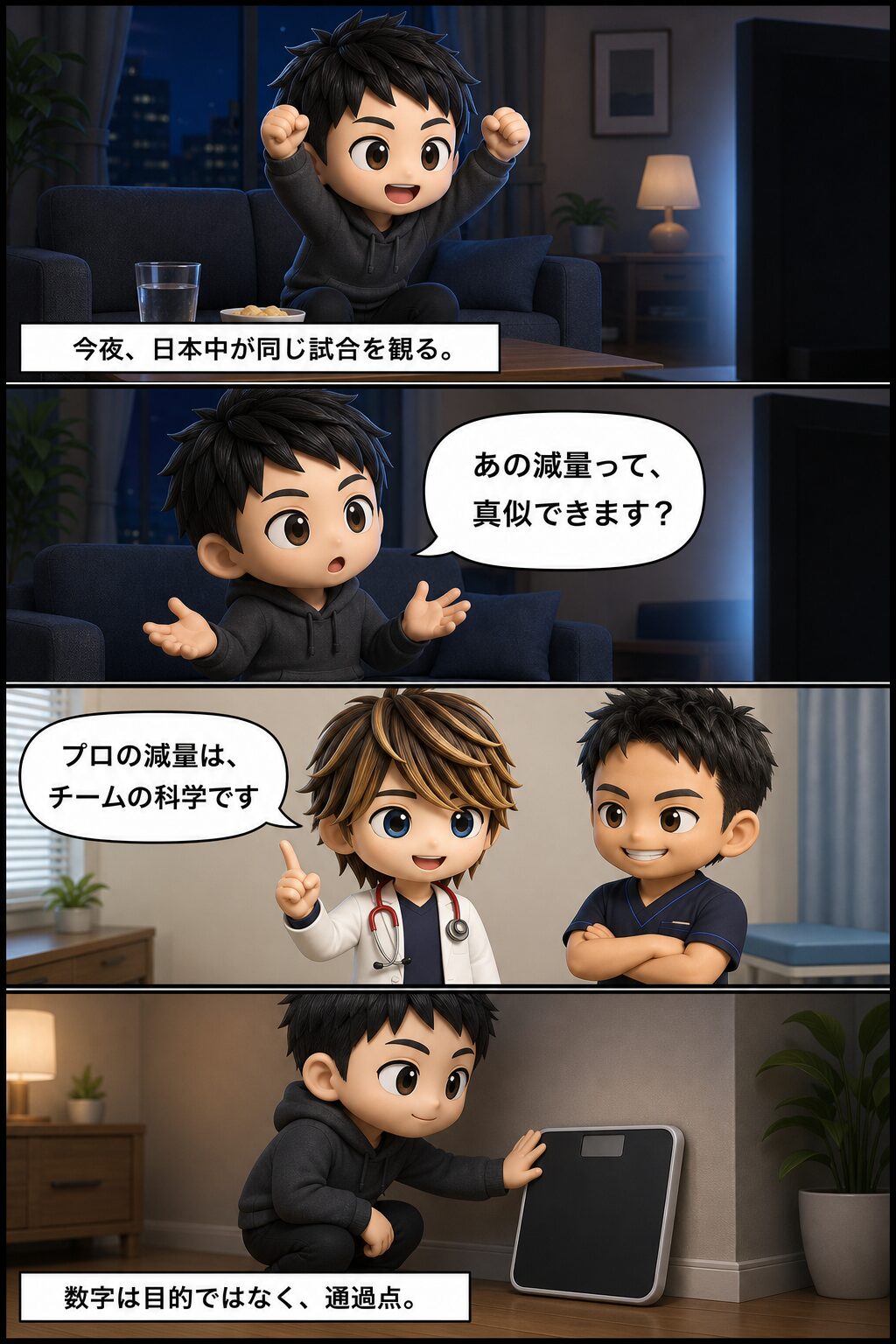 4コマ漫画（縦・上から下へ）：①「今夜、日本中が同じ試合を観る。」②「あの減量って、真似できます？」③医師2人「プロの減量は、チームの科学です」④体重計を壁に戻し「数字は目的ではなく、通過点。」
